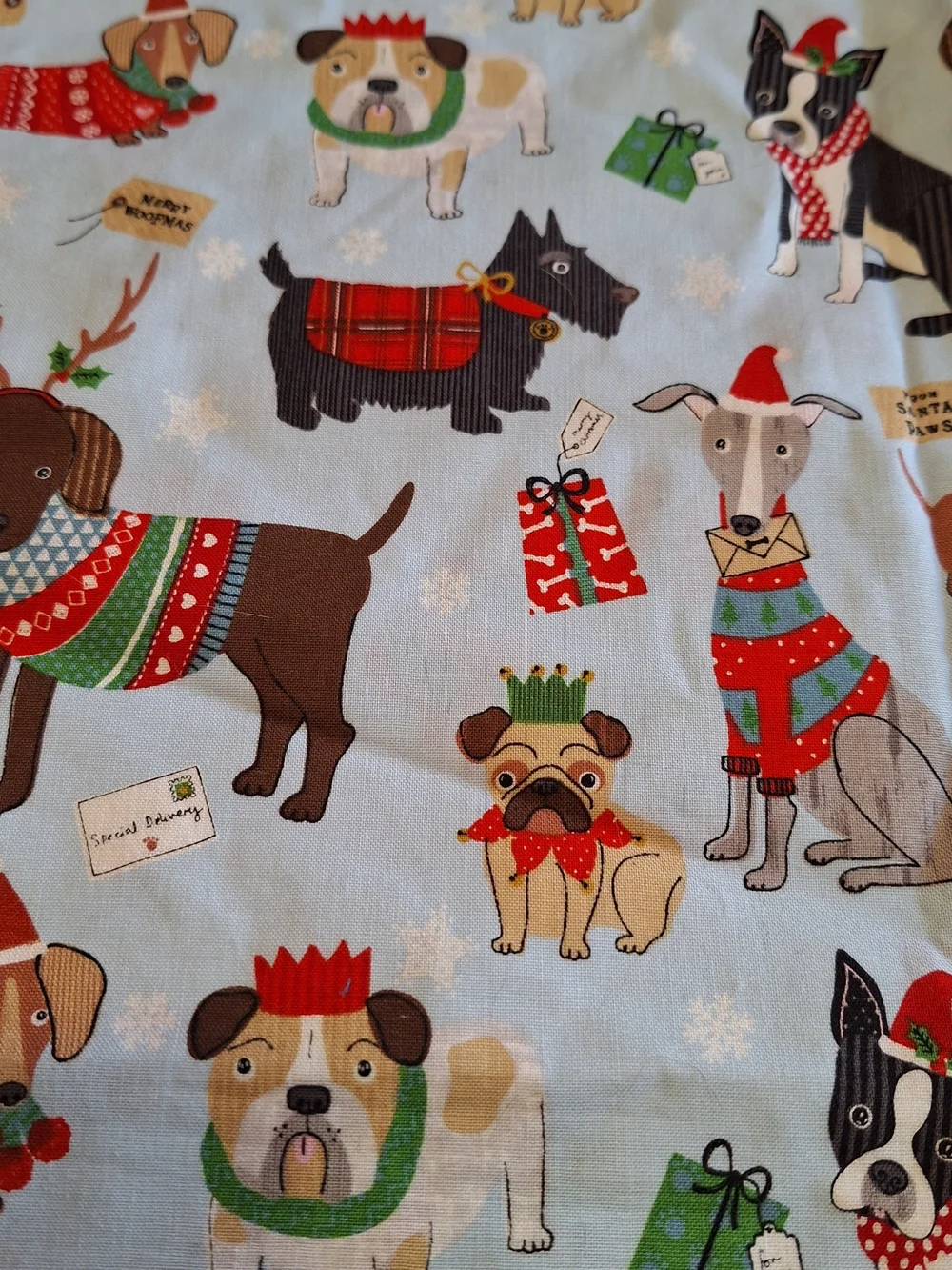 4 Yards Merry Woofmas Holiday Dog Print Light Blue Fabric